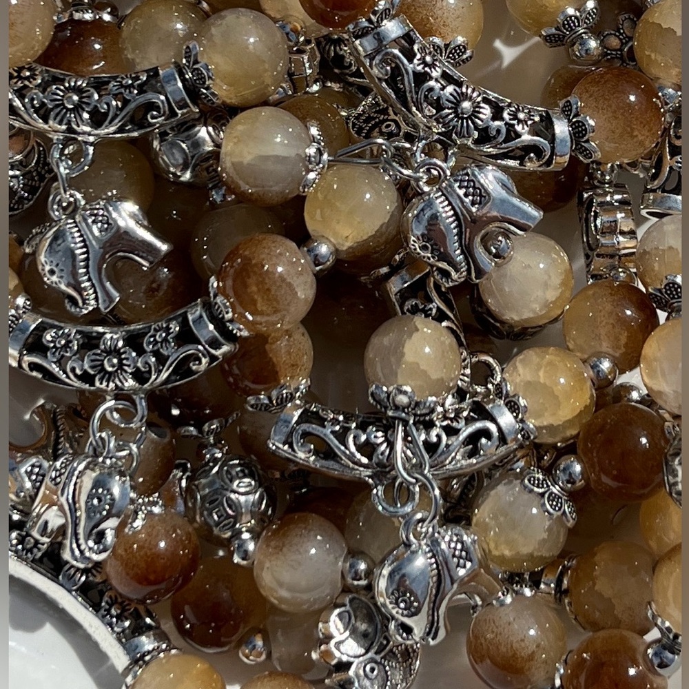 Glass Beaded Bracelet With Hanging Elephant Charm & Fish Charm New